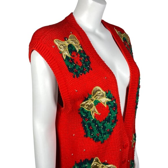 Vintage Westbound Hand Knit Cardigan Sweater Vest Size L Christmas Wreaths - Picture 4 of 7